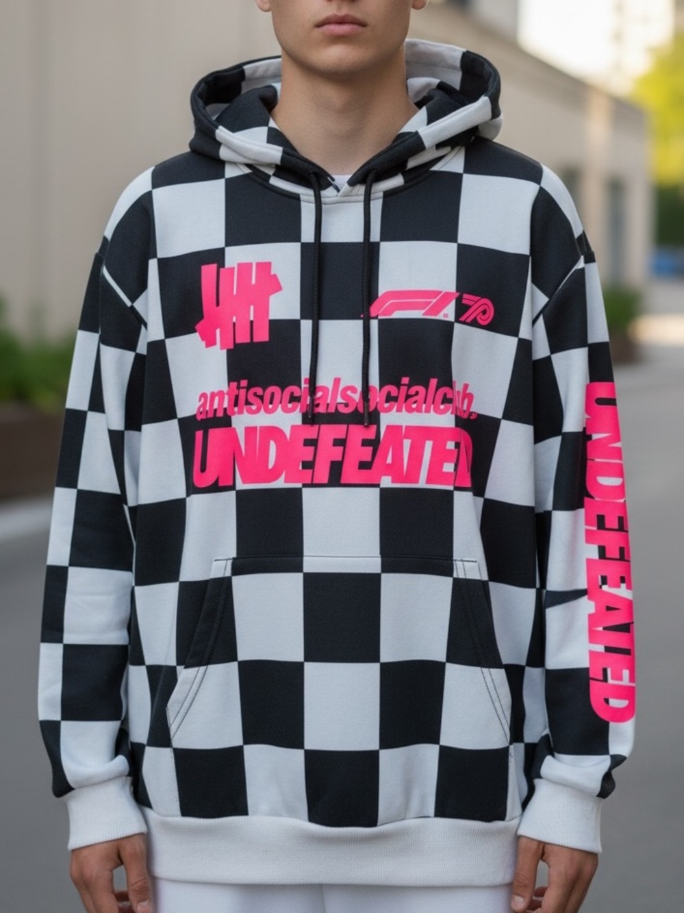 Anti Social Social Club Black & White Checkerboard Hoodie with Pink Graphics